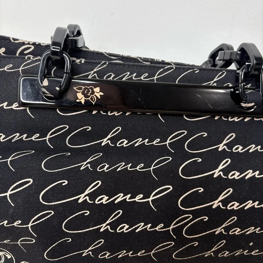 Y2K Vintage CHANEL Canvas Camellia Flower Tote Authentic Acrylic Chain Strap - Picture 8 of 11